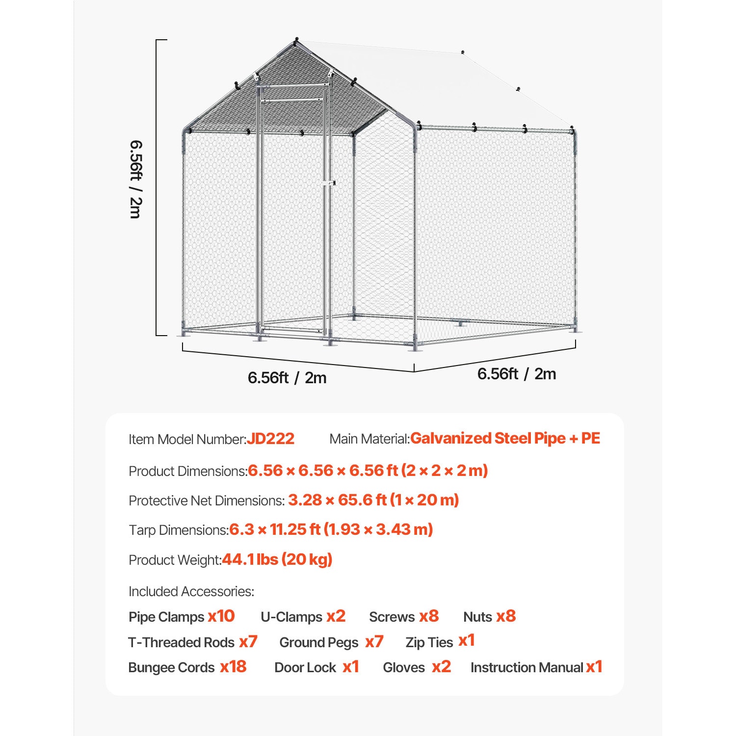 Metal Chicken Coop 6.56x6.56x6.56ft Walk-in Chicken Run With Cover Spire Roof_maomaolike.com